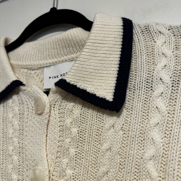 NWT Pink Rose Preppy Cream & Navy  Cable Knit Collared Cardigan. Ribbed Hem. S - Picture 8 of 16